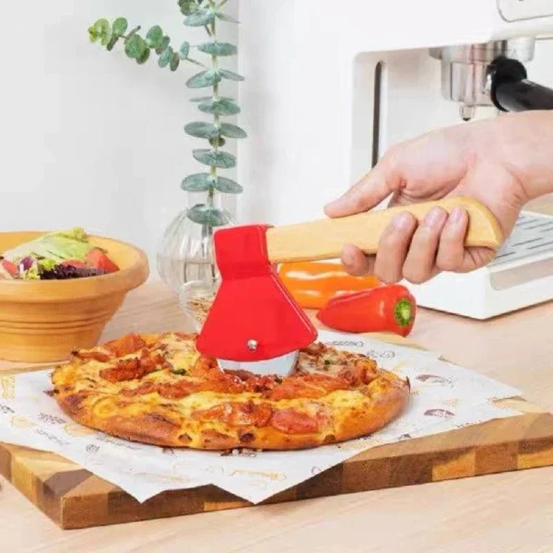 Stainless Steel Pizza Cutter Kitchen Restaurant Pizza Axel Tool Axe Pizza Cutter with Bamboo Handle and Sharp Rotating Blade